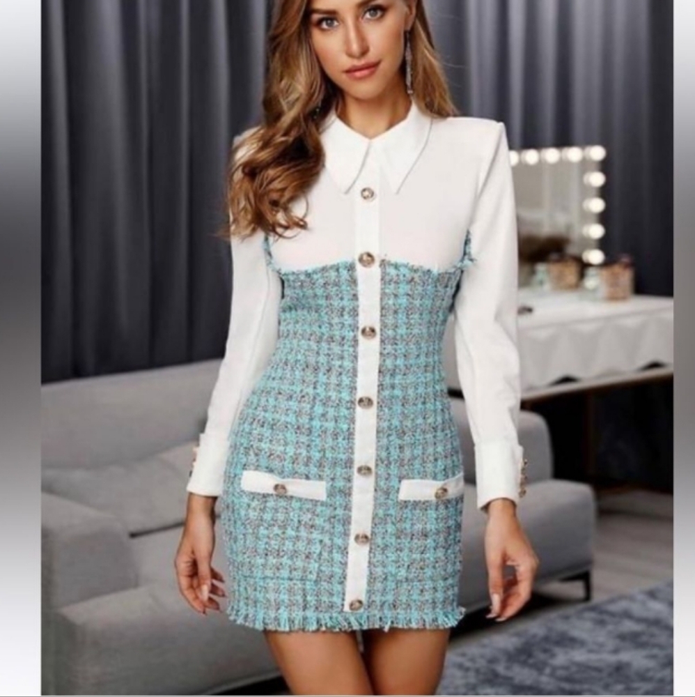 Chic Blue and White Tweed Dress CBR Small Nwt